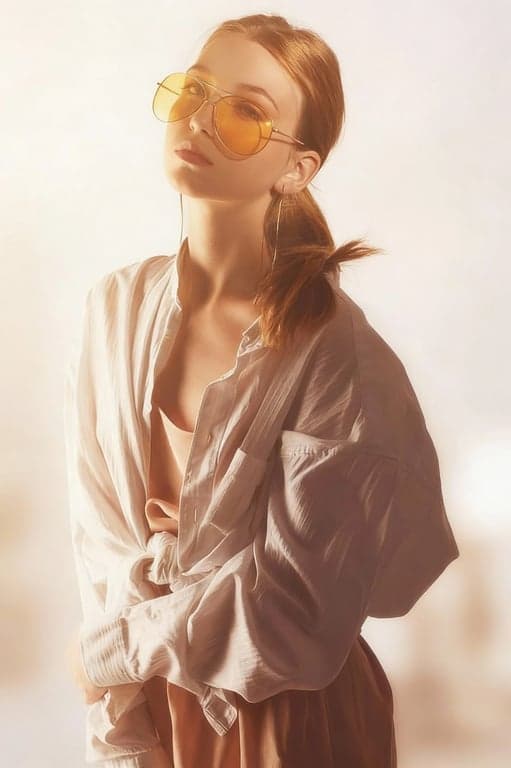 A soft light filtered portrait of a woman for Instagram, glowing skin effect, softened background details, creamy pastel color grading, subtle vignette, natural sunlight.