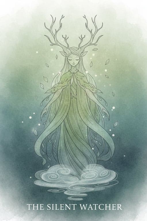 A minimalist poster for a film about a quiet forest spirit, using delicate line art, soft watercolor backgrounds, and a single, captivating creature as the focus.