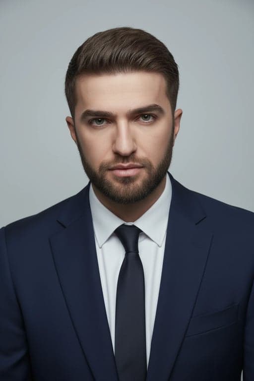 a portrait of a man, ai business portrait, sharp focus on face, professional haircut, subtle skin retouching, clean background.