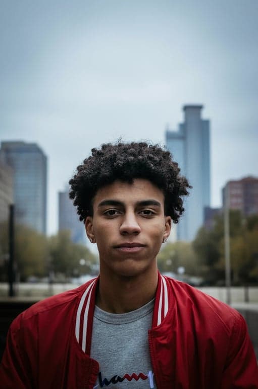 A cool-toned environmental portrait of a man, harmony between cool subject lighting and neutral background, desaturated greenery, overcast sky ambiance.