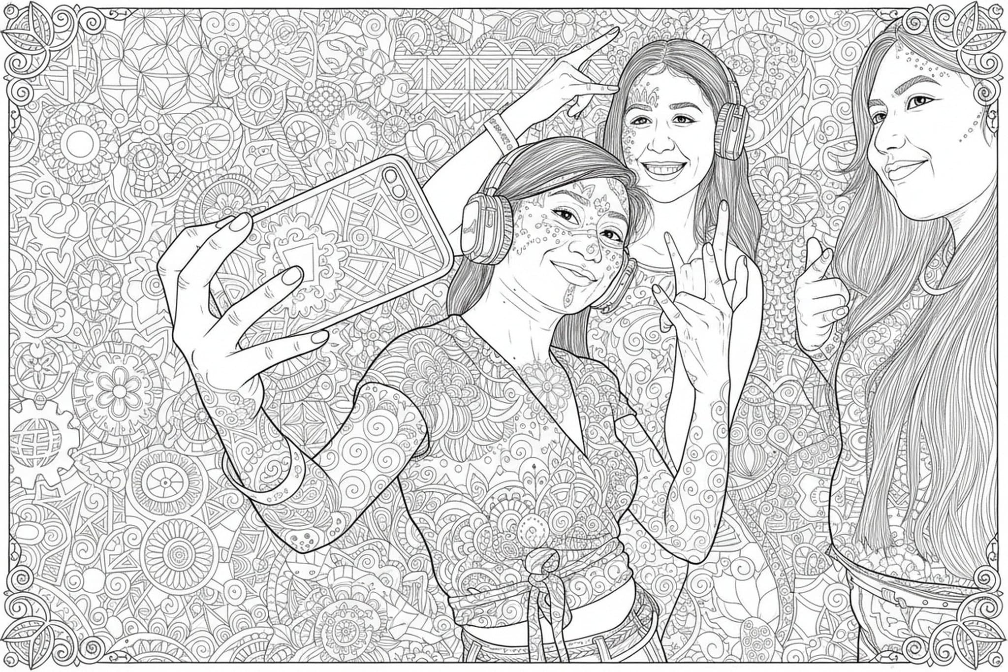 AI coloring page filter after transformation - full body photo converted into coloring page drawing