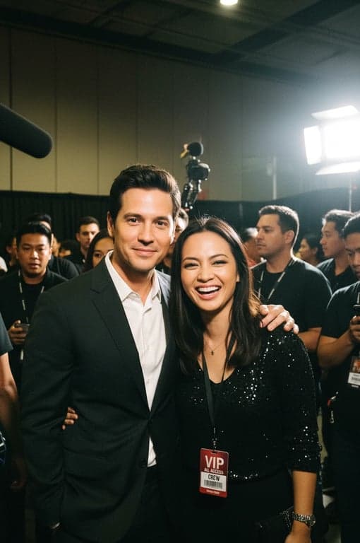 a portrait of a woman posing with a famous actor, backstage pass visible, flash photography effect, crowded background, genuine smile.