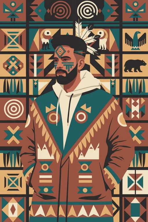 a portrait of a person illustrated in a traditional Native American symbolic aesthetic with simplified anatomy, earth-inspired colors, flat composition, and cultural pattern influence