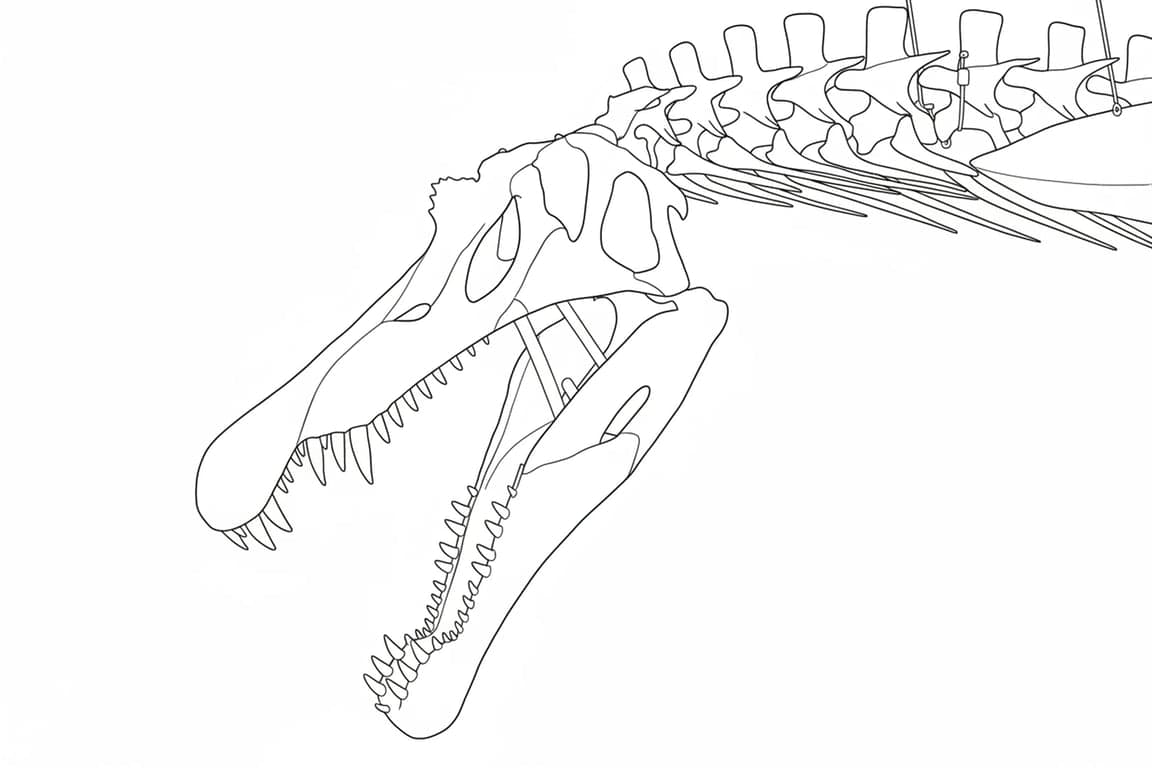 a line drawing of a dinosaur, simple outlines, large areas to color, no shading, clean edges, coloring page style.