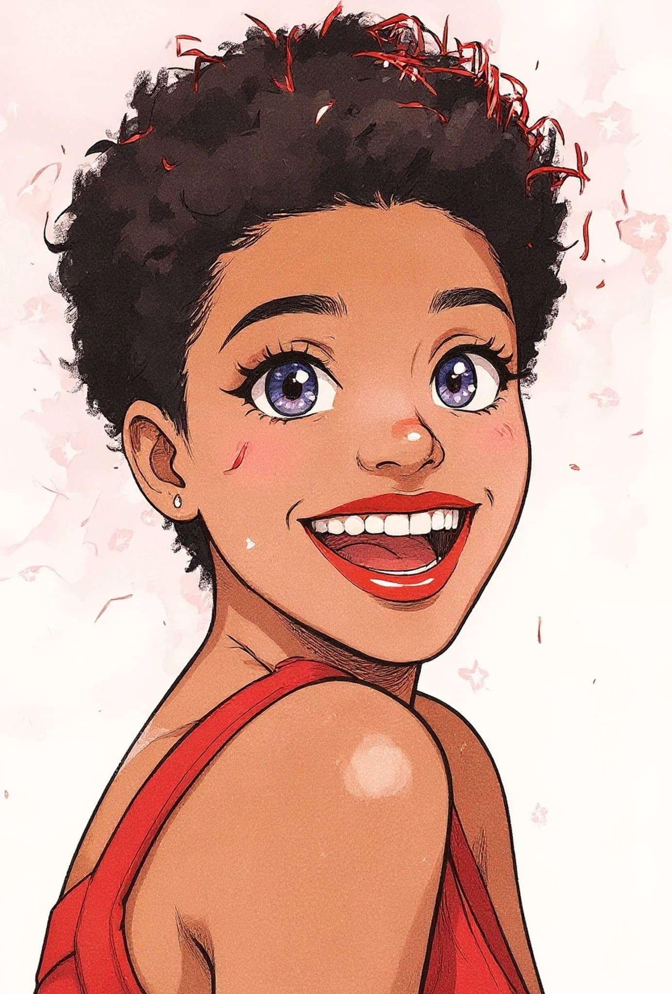 Manga art styles filter after transformation - portrait in soft shojo manga style with pastel tones and sparkles