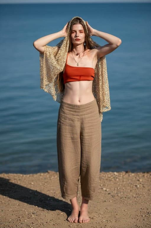 Expand the existing image of the woman into a complete full-body view without changing the outfit, environment, or visual style. Accurately infer leg length, stance, and body balance based on the visible upper body, ensuring natural proportions, stable footing, and smooth transitions between the original image and the reconstructed areas.