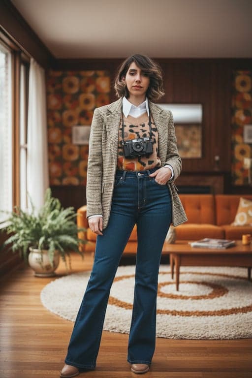 a portrait of a person enhanced with vintage 70s fashion styling, classic flared shapes, straight or slightly fitted tops, clear garment structure, balanced proportions, calm posture, and clean nostalgic backdrop
