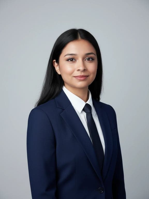 a portrait of a person presented as a modern professional, featuring clean grooming, accurate skin tones, subtle sharpening on facial features, balanced exposure, minimal background noise, and a formal business portrait composition