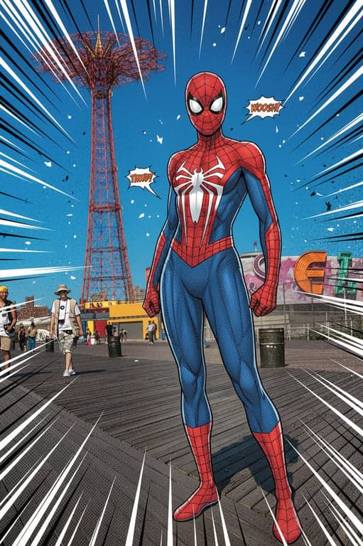 a portrait of a person fully transformed into a spider hero character, wearing a detailed spider suit with web textures, emblem placement, and athletic silhouette, presented in a heroic comic-book style
