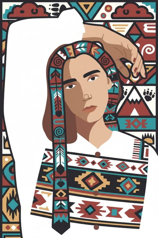 a portrait of a person transformed into a high-quality indigenous American art illustration avoiding stereotypes, excessive ornamentation, or cinematic realism