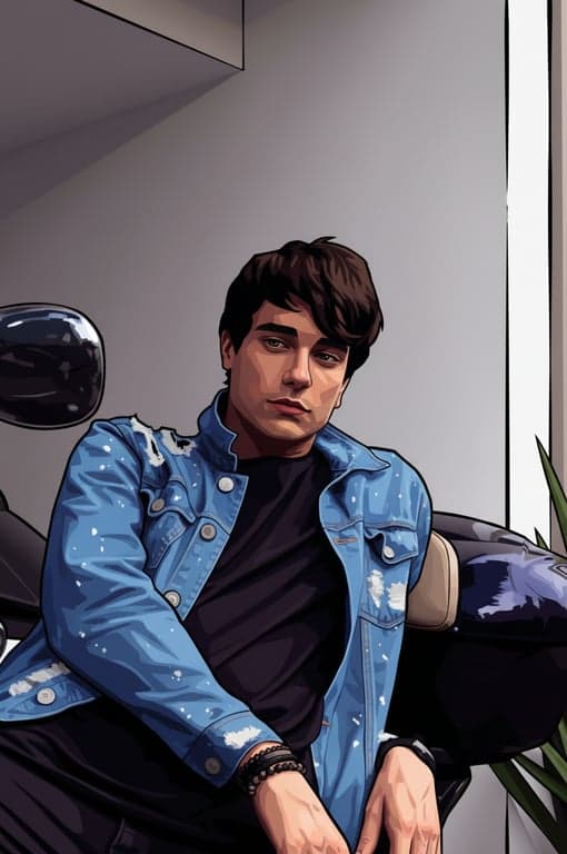 Convert the original person into a bold GTA-style illustrated portrait by intentionally breaking photographic realism. Simplify anatomy into semi-realistic graphic forms, outline major shapes with strong linework, and apply saturated color palettes with hard-edged lighting transitions. The final image should read immediately as GTA artwork, not a realistic photo with filters.