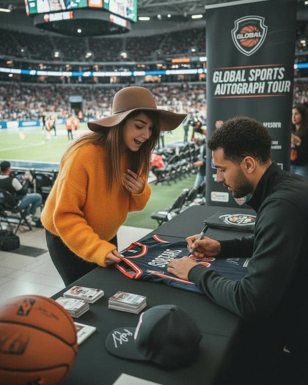 A photo of a woman meeting a famous athlete, autograph being signed, realistic shadows and depth, sports stadium environment, authentic fan moment.