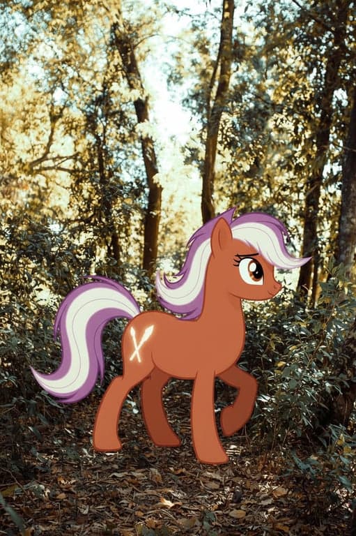 A portrait of a person fully transformed into a true My Little Pony pony, strict quadruped anatomy only, side-view pony stance, no human limbs or facial structure, identity mapped through color harmony, mane flow, and eye emotion, original background preserved, cel-shaded children’s animation style, and a clearly defined cutie mark on the flank.