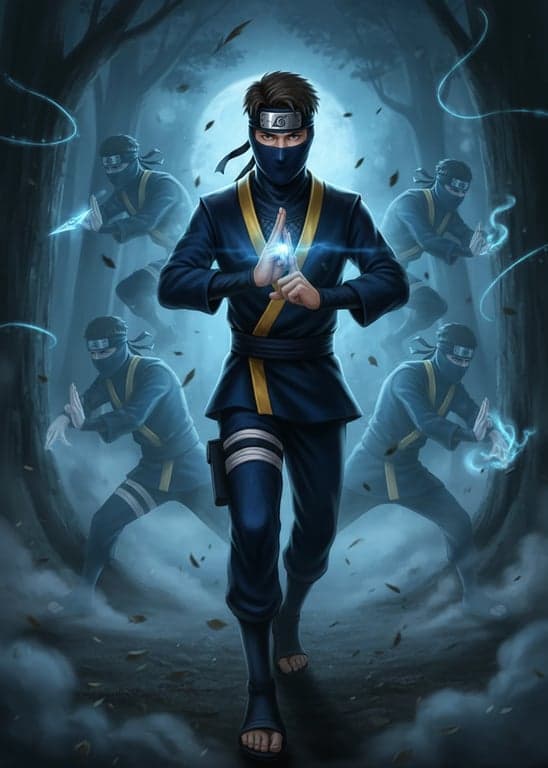 a portrait of a person as a ninja using Shadow Clone Jutsu, with multiple translucent clones appearing around them