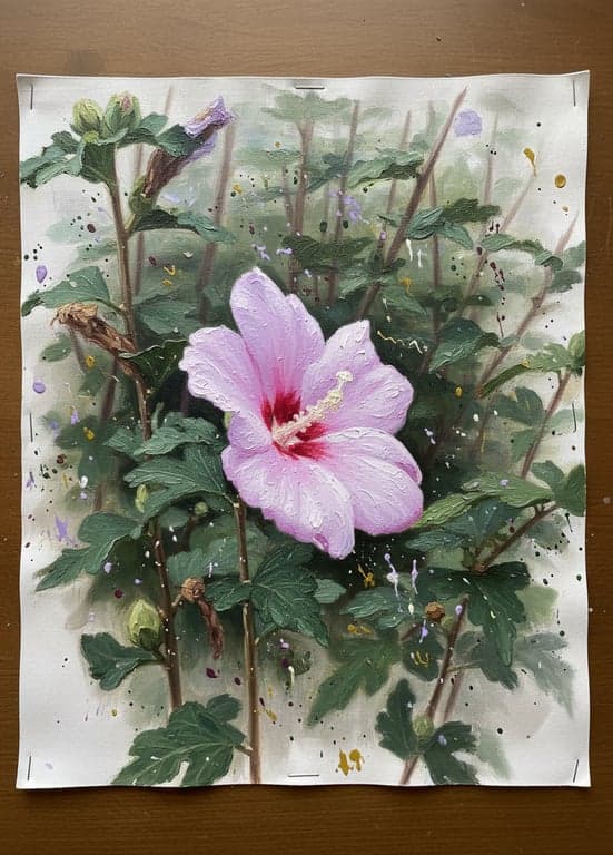 A floral still life that mimics the look of a freshly painted, unstretched canvas lying flat, with puckered edges and visible staples on the sides.
