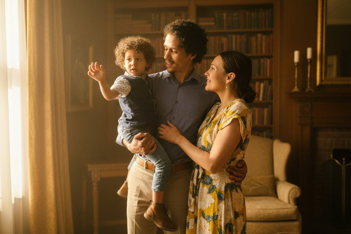 a portrait of a family transformed into a cinematic storytelling family portrait, all members styled in coordinated outfits with a unified color palette, placed in a dramatic but soft-lit environment, using intentional poses and expressions to create a movie-like family scene with strong narrative feeling