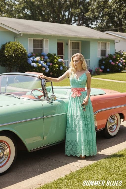 a woman posing by a classic car, 50s color slide aesthetic, vibrant yet muted pastel tones (mint green, coral), sharp overall focus, sunny driveway setting.