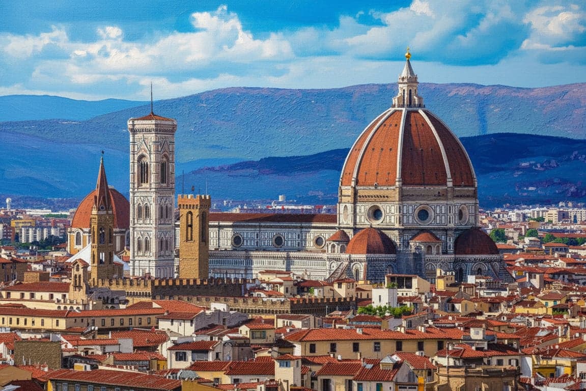 A vibrant cityscape that appears to be a large-format acrylic painting on canvas, with bold color fields and a slightly rough, toothy texture.