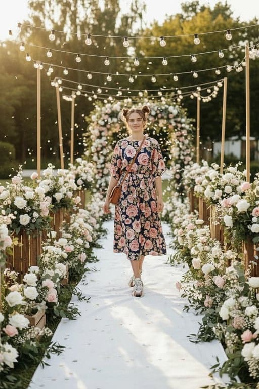 For Wedding Guests Outfits filter after transformation - portrait in floral maxi wedding guest dress on decorated path