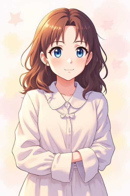 a portrait of a person styled in a shoujo anime aesthetic, wearing simple everyday anime clothing such as a blouse or cardigan, ribbon or collar detail, gentle fabric folds, and soft pastel tones