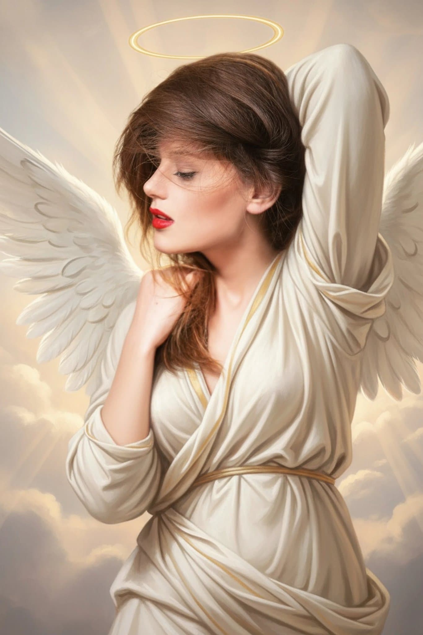 AI angel filter after transformation - studio photo with realistic angelic transformation