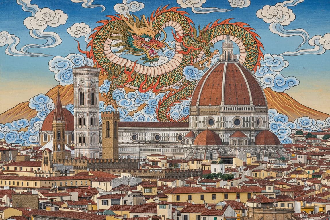 A powerful dragon coiling around a mountain peak, painted in the bold, colorful style of temple murals, with swirling clouds and dramatic composition.