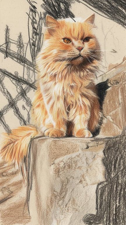 a portrait of a cat transformed into crayon drawing style, waxy color texture, visible crayon strokes, paper grain overlay.