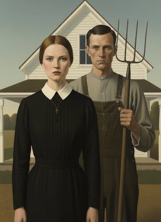 a portrait of a person illustrated in a Grant Wood–inspired American Gothic realism style emphasizing stillness, symmetry, restrained emotion, and rural American character