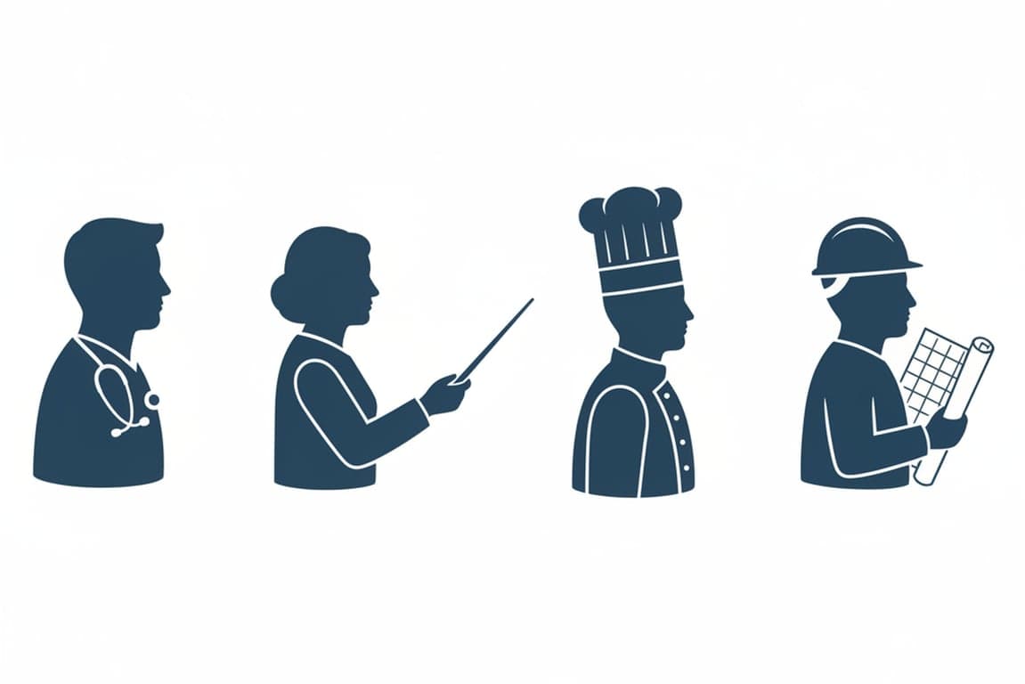 a set of professional silhouette icons: a doctor with a stethoscope, a teacher with a pointer, a chef with a hat, and an engineer with a blueprint, in a uniform dark blue color.