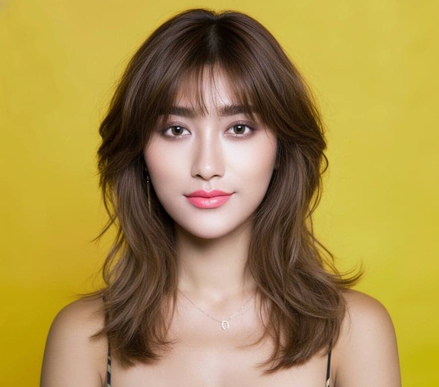 Wolf cut filter after pic – woman with soft wolf cut layers and curtain bangs