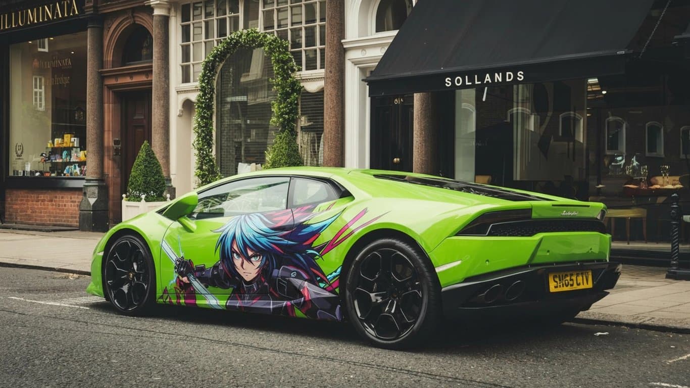AI anime car sticker after photo - green car on the street with car sticker