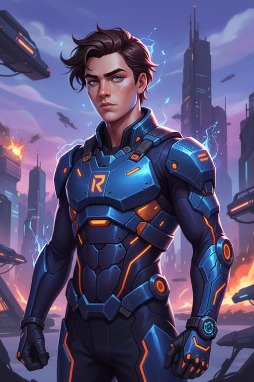 a portrait of a person adapted into a Marvel Rivals game art style with confident expression, sharp lighting contrast, stylized realism, and vibrant superhero color treatment