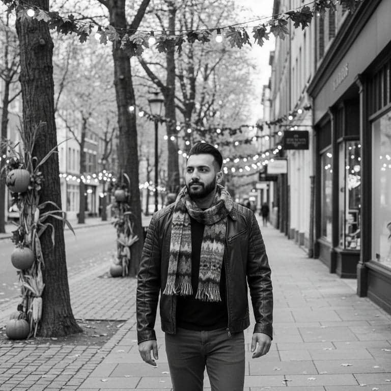a portrait of a man in a leather jacket and scarf, walking down a street lined with fall decorations