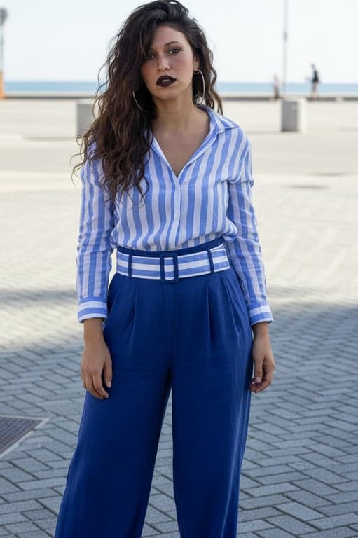 a full-body image of a woman generated by AI, wearing coordinated clothing with accurate fabric drape, realistic limb length, and natural weight distribution