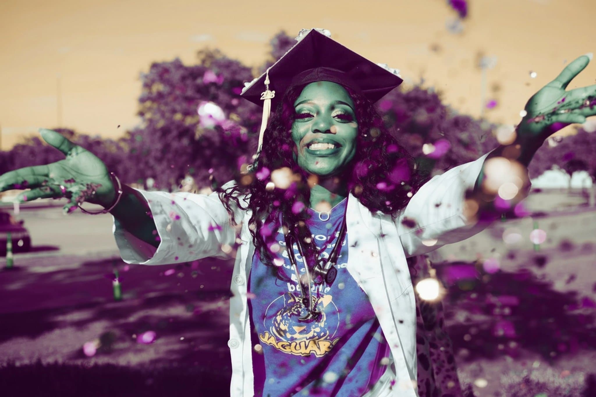 AI color inverter after transformation - casual portrait with reversed light and shadow colors