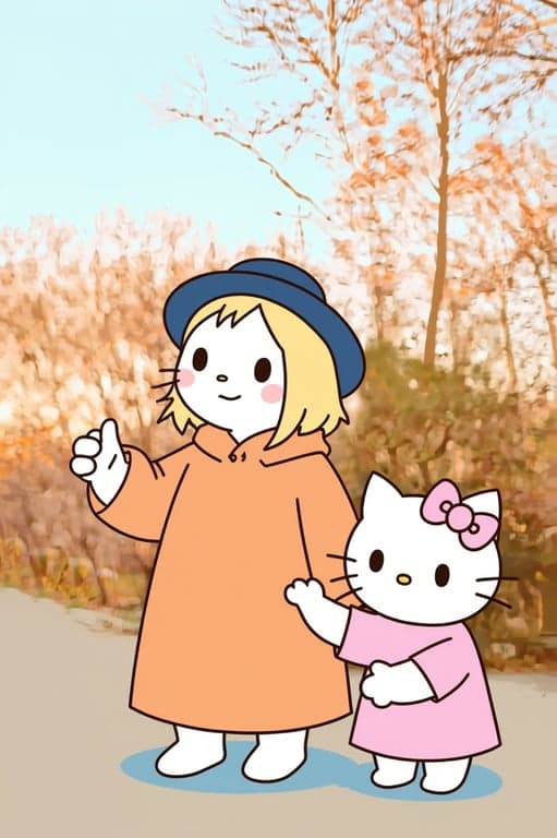 Reinterpret the original person into a Hello Kitty parallel world character by keeping a human face while integrating Hello Kitty as a visual anchor. Preserve identity and pose, simplify the character into Sanrio-style proportions, and include Hello Kitty standing nearby or interacting to clearly establish the shared animation world.