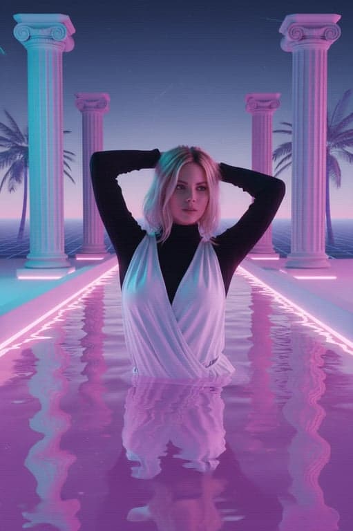 a portrait of a person in a Vaporwave pool scene, with soft pink water, Roman columns, and a still, dreamlike atmosphere