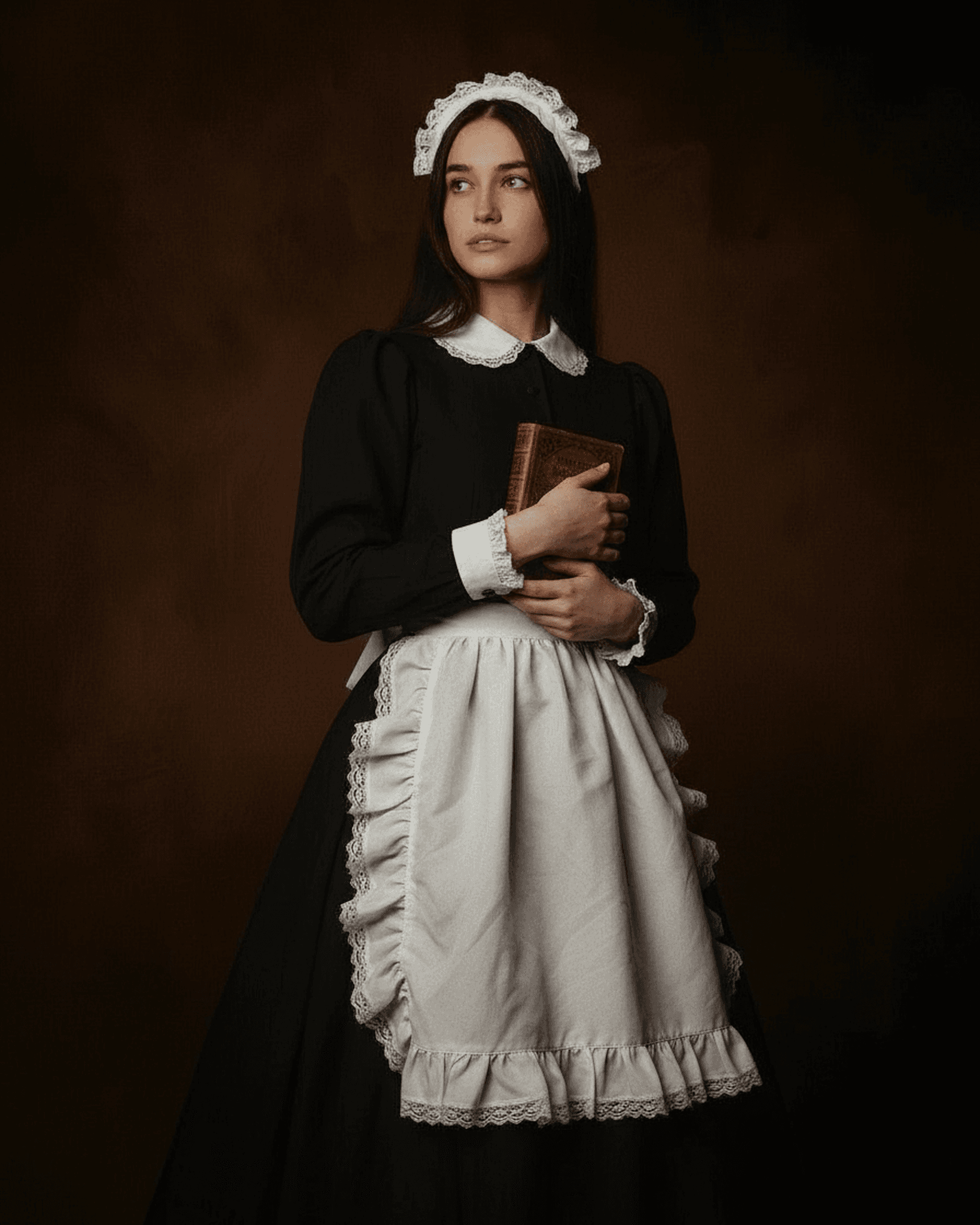 The subject appears in a traditional maid uniform with a white ruffled apron and lace headpiece.