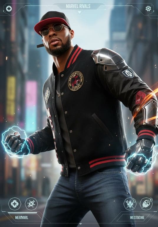 a portrait of a person transformed into a Marvel Rivals–style game character with stylized realistic facial proportions, clean skin rendering, bold heroic lighting, and modern superhero game visuals