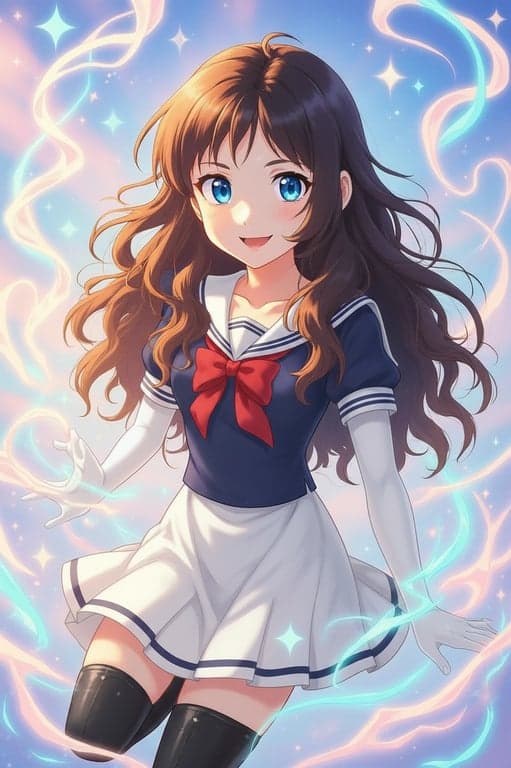 a portrait of a person transformed into a magical girl anime transformation scene, wearing a fitted sailor-style bodice with a bow on the chest, pleated short skirt, long gloves, knee-high boots, glowing ribbons, radiant light effects, dynamic pose, and soft pastel anime lighting