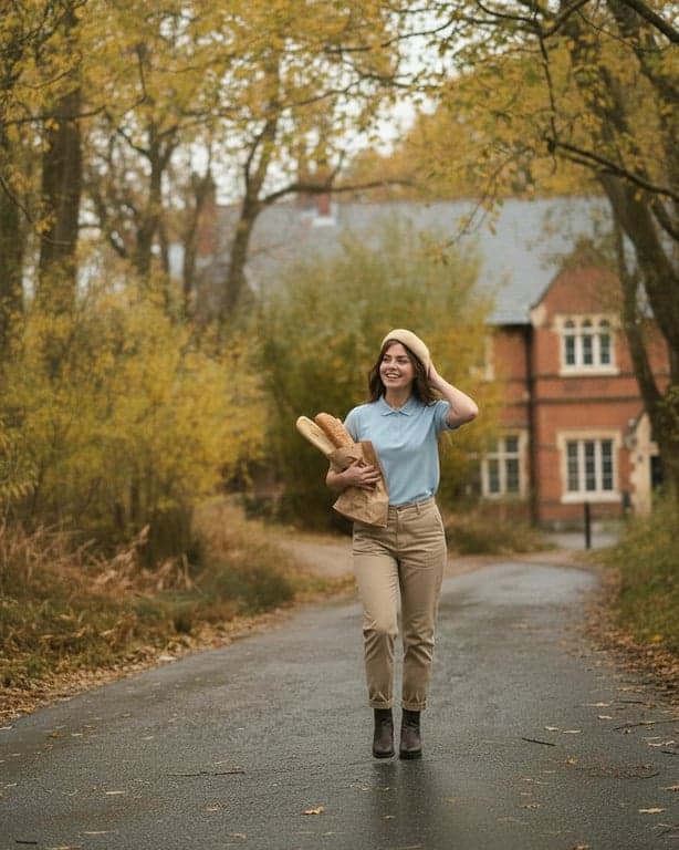 a portrait of a student wearing a simple polo shirt and khaki pants uniform, walking on a tree-lined school pathway