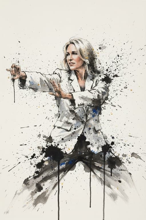 A portrait of a martial artist in motion, captured in the dynamic ink splatter style reminiscent of Wu Guanzhong's abstract landscapes, with bold strokes and empty space.