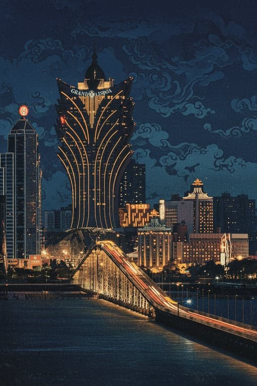 A city street photo rendered in the style of a classic Japanese ukiyo-e woodblock print, with flat areas of color, strong outlines, and stylized clouds.