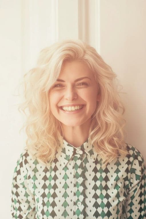 hair color filter after transformation - portrait with white gold curls and luminous highlights