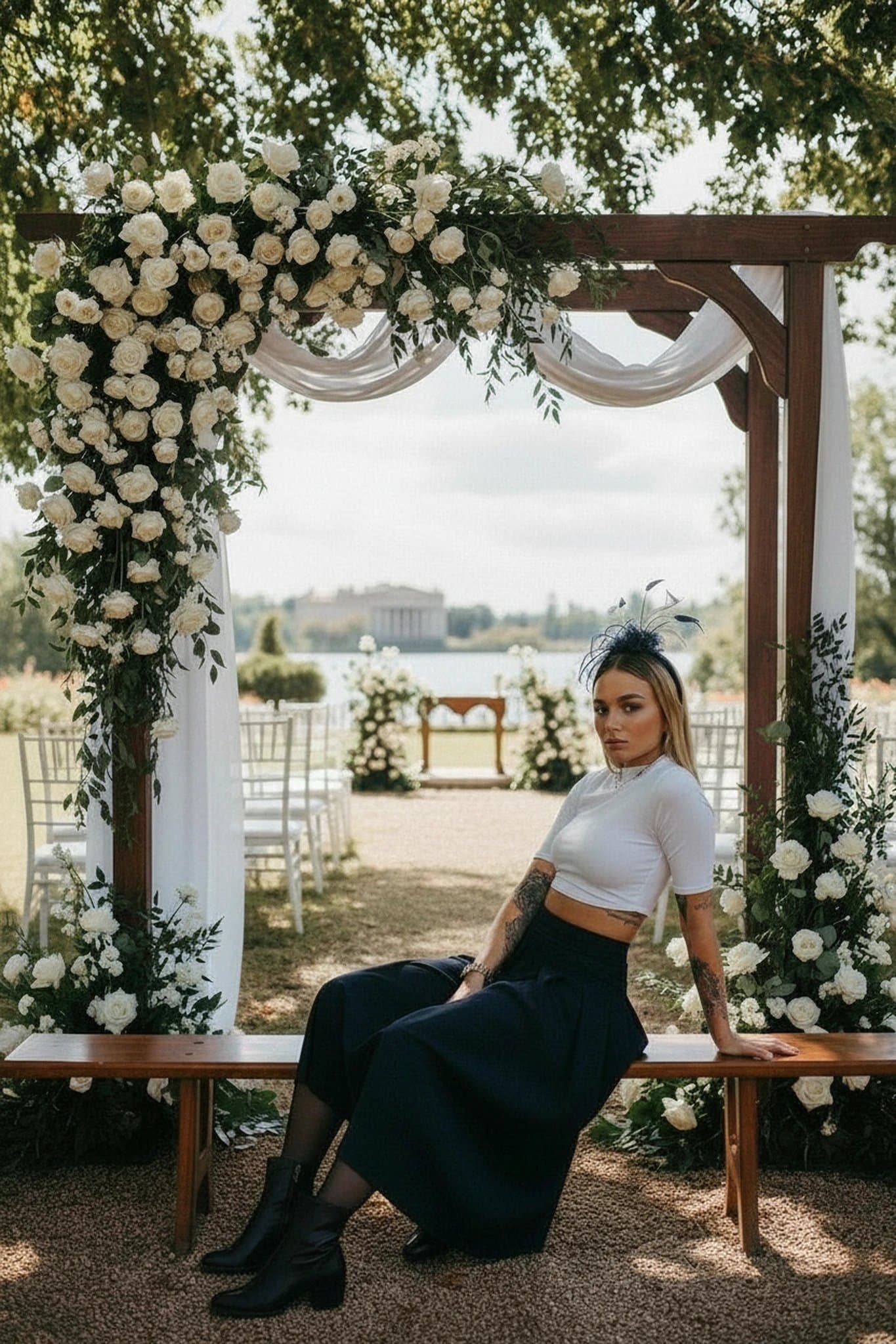 For Wedding Guests Outfits filter after transformation - portrait in structured skirt and fascinator wedding guest style