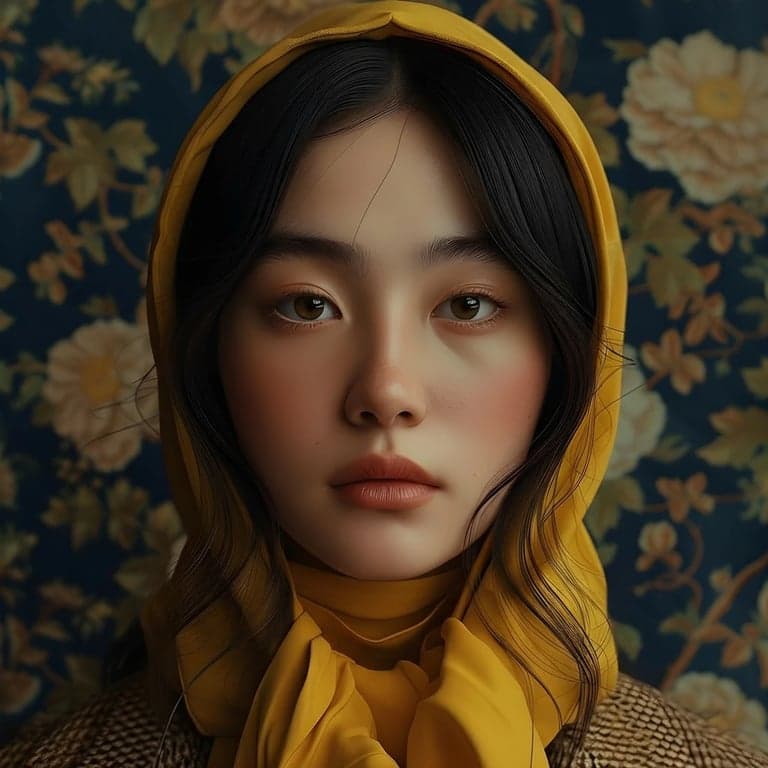 ai remove glasses from photo after photo - woman wearing a yellow scarf without glasses