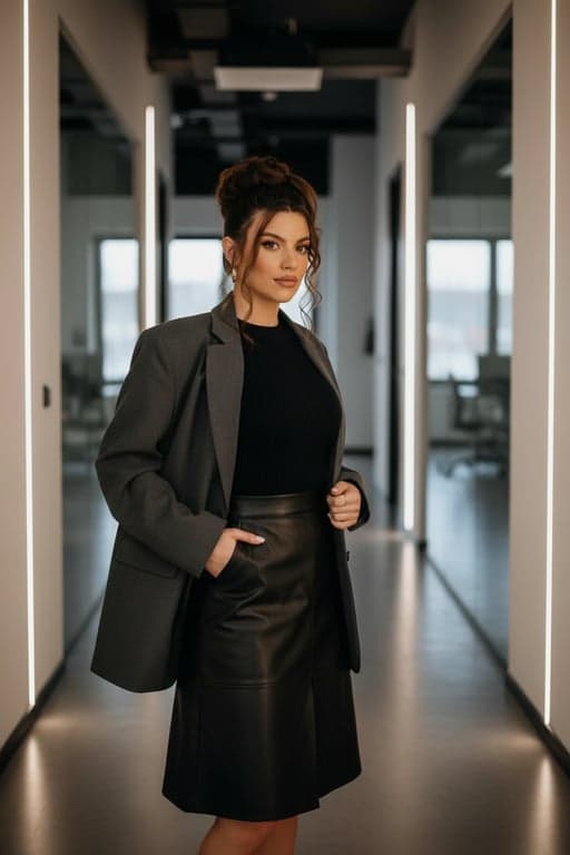 Office Siren Outfits filter after transformation - portrait in oversized blazer and leather skirt with chic office-core vibe