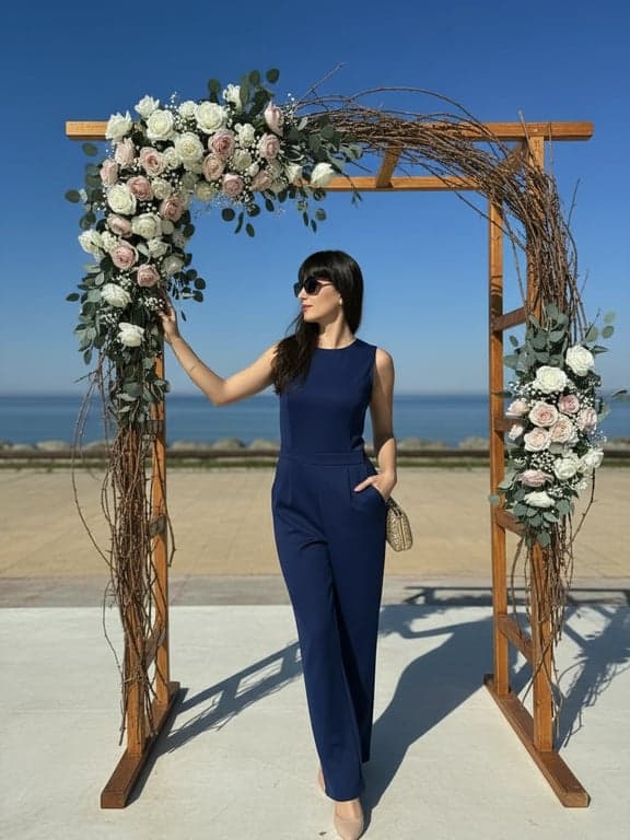 For Wedding Guests Outfits filter after transformation - portrait wearing modern wedding guest jumpsuit beside minimalist floral arch