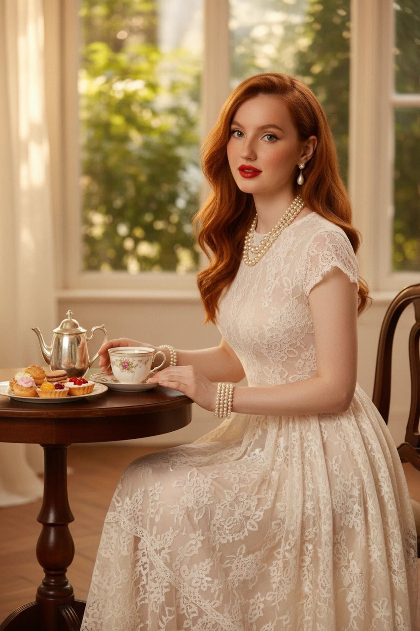 Tea Party Outfits filter after transformation - portrait in lace afternoon tea dress with elegant table details