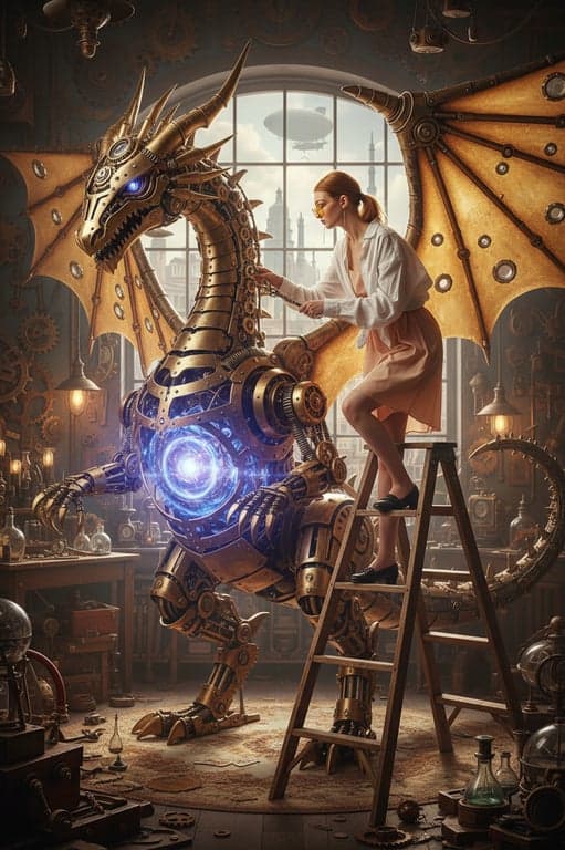 A legendary steel/psychic pokemon, a clockwork dragon with a glowing core. It is not alone; a brilliant but weary female inventor is shown gently adjusting a gear on its wing, in a cluttered, steampunk-inspired workshop